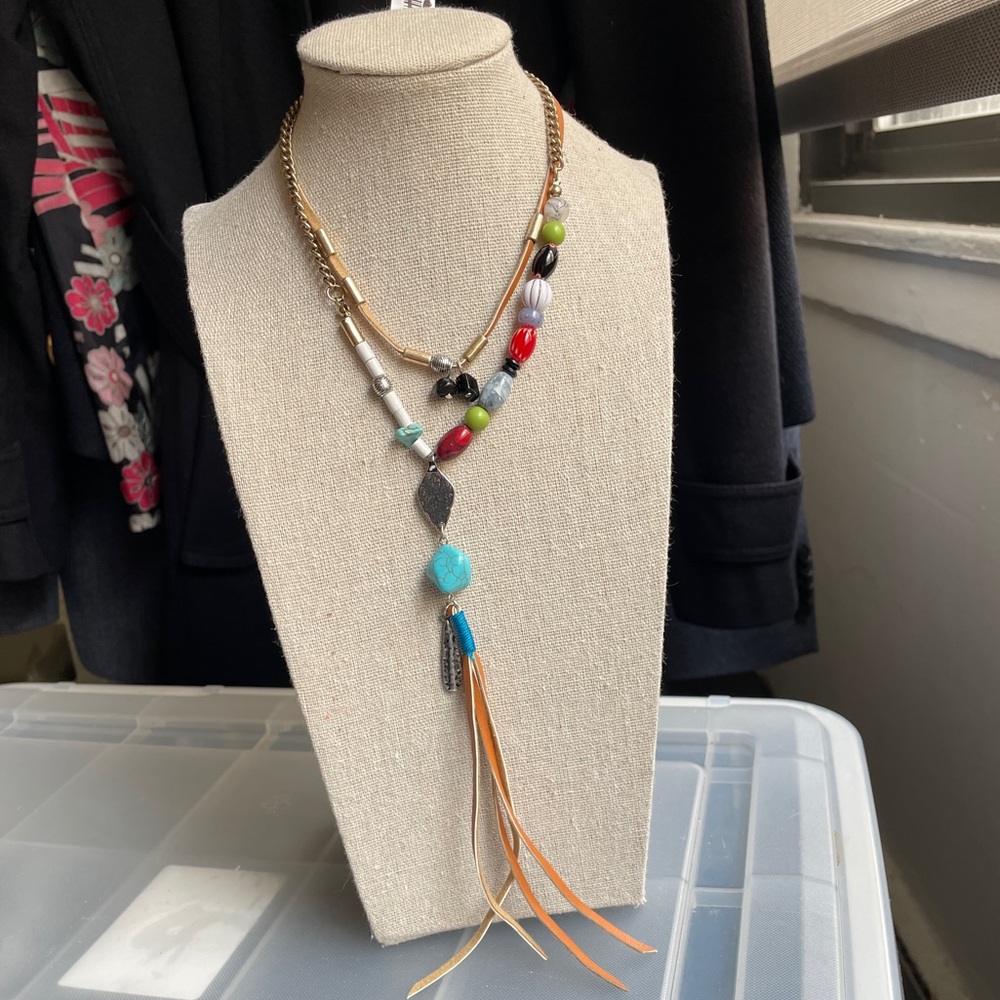 Colorful Beaded Lariat Layered Necklace with Turquoise & Silver Charms - Picture 10 of 16